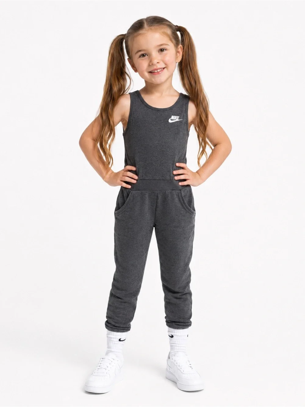 Nike Girls Gray Sleeveless Jogger Jumpsuit Romper Swoosh Pockets Size 6